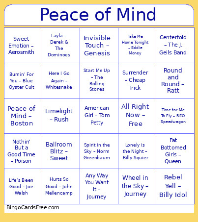 96. Peace Of Mind Bingo Card