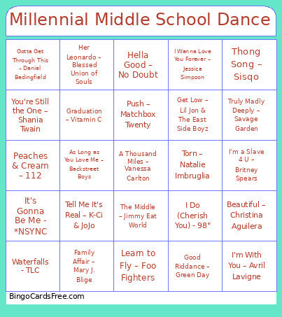 97. Millennial Middle School Dance Bingo Card