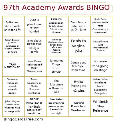 97th Academy Awards Bingo Card