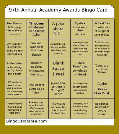 96th Academy Awards Bingo Card Free Pdf Printable Game, Title: 97th Annual Academy Awards Bingo Card