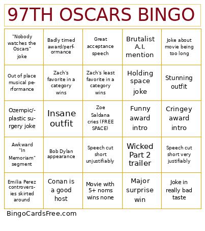 97th Oscars Bingo Cards Free Pdf Printable Game, Title: 97TH OSCARS BINGO
