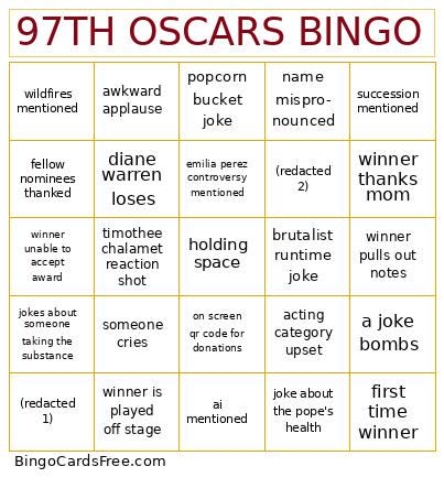 oscar bingo Cards Free Pdf Printable Game, Title: 97TH OSCARS BINGO