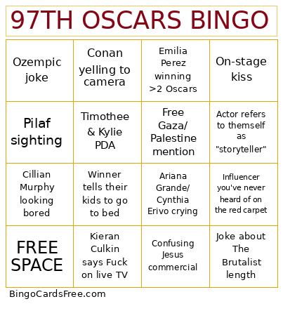 Oscars Bingo Cards Free Pdf Printable Game, Title: 97TH OSCARS BINGO