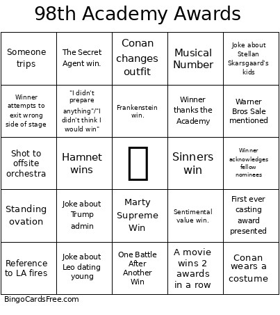 98th Academy Awards Bingo Card