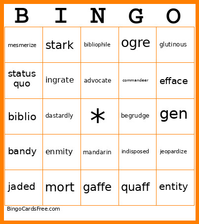 9R Vocabulary Bingo Card