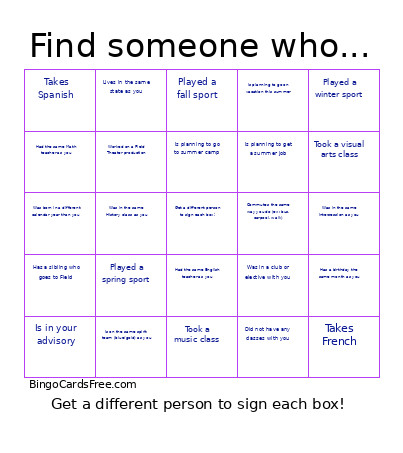 9th Grade Bingo Card