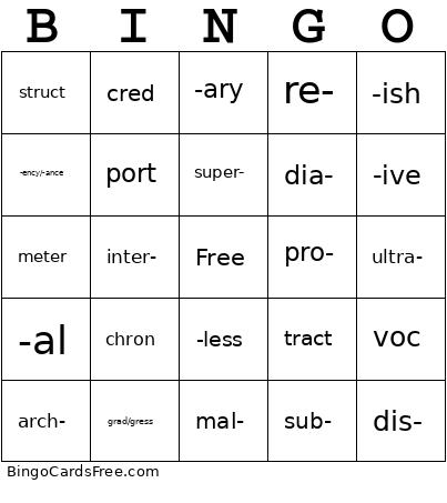 9th Grade Morpheme Bingo Card