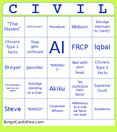 A Civil Action Bingo Card