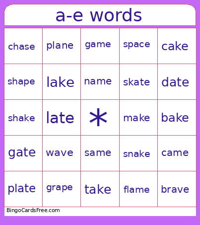 A_e Words Bingo Card
