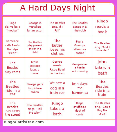A Hard Days Night Bingo Card