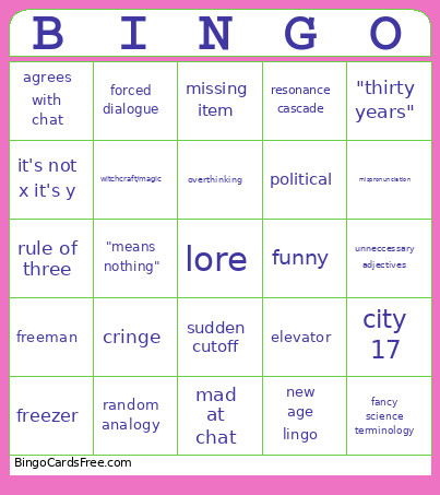A.I. Half Life Bingo Card