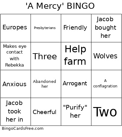 'A Mercy' Bingo Card