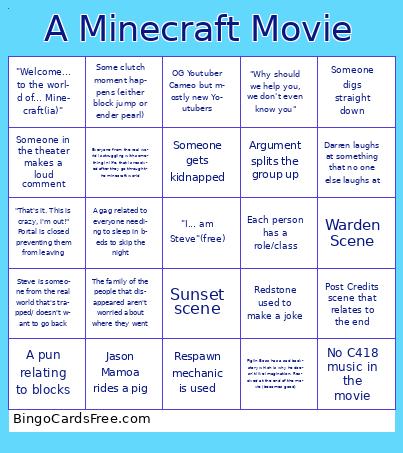 minecraft movie Bingo Cards Free Pdf Printable Game, Title: A Minecraft Movie