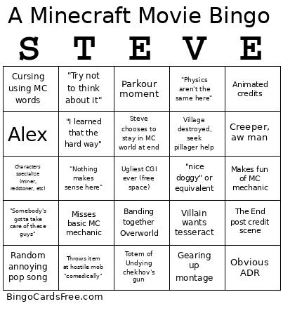 A Minecraft Movie Bingo Card