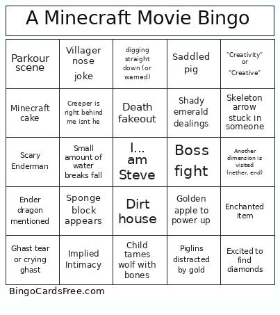 A Minecraft Movie Bingo Card