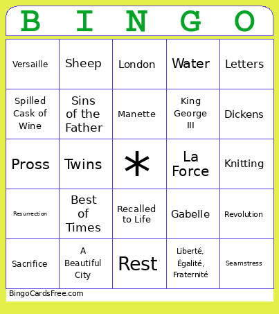A Tale Of Two Cities Bingo Card