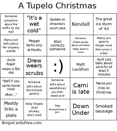 A Tupelo Christmas Bingo Card