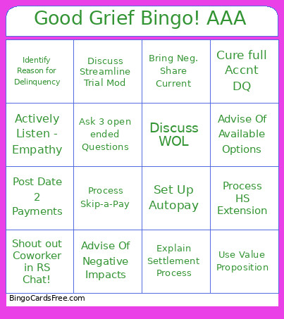 AAA - Good Grief Bingo Card