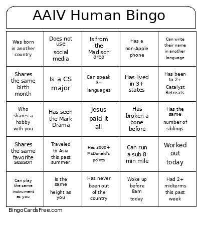 AAIV LG Human Bingo Card
