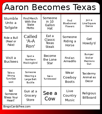 Aaron Becomes Texas Bingo Card