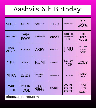 Aashvi's 6th Birthday Bingo Card