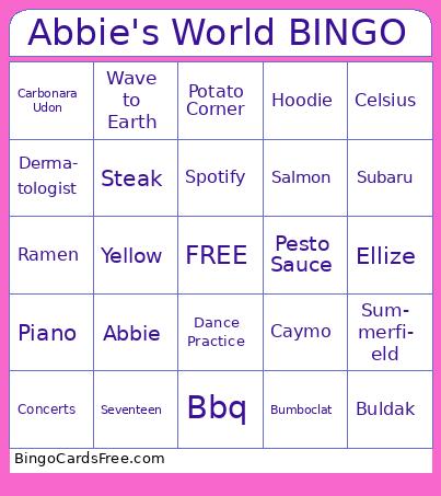 Abbie's World Bingo Cards Free Pdf Printable Game, Title: Abbie's World BINGO