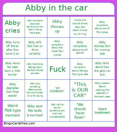 Abby In The Car Bingo Card