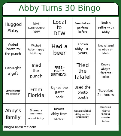 Abby's 30th Birthday Bingo Card