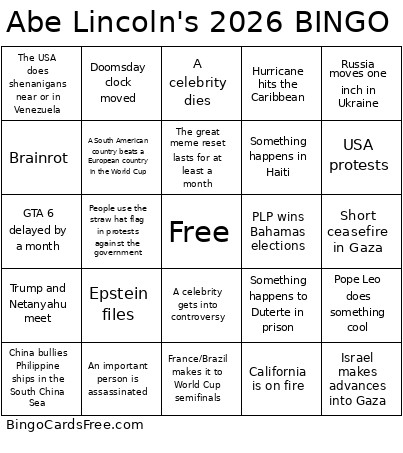 Abe Lincoln's 2026 Bingo Card