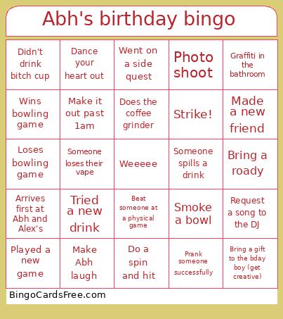 Abh's Birthday Bingo Card