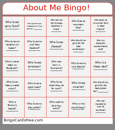 About Me ! Bingo Card