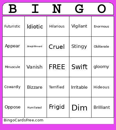 Above Grade Level Bingo Card