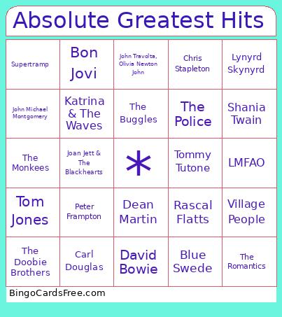 Absolute Greatest Hits Bingo Card