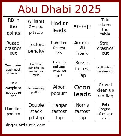 Abu Dhabi 2025 Bingo Card