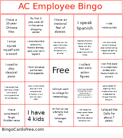 AC Employee Bingo Card