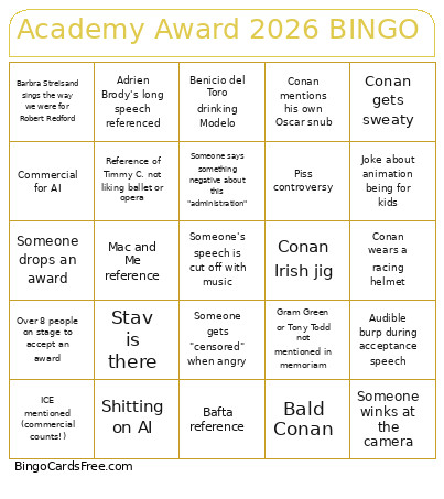 Academy Award 2026 Bingo Card
