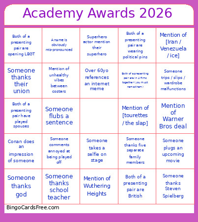 Academy Awards 2026 Bingo Card