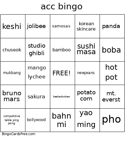 Acc Bingo Card