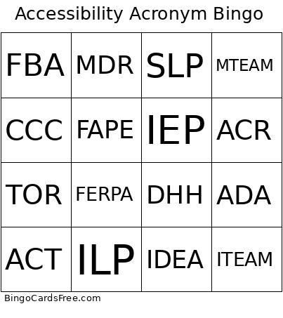 Accessibility Acronym Bingo Card