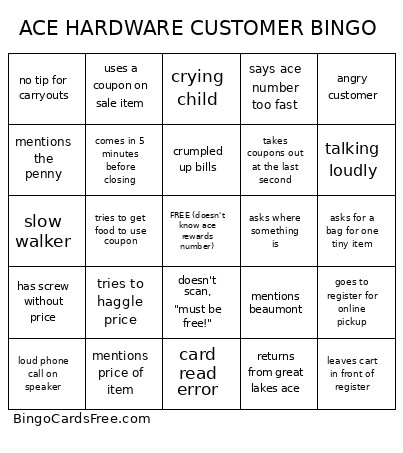 ACE HARDWARE CUSTOMER Bingo Card