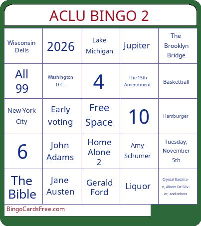 ACLU BINGO 2 Cards Free Pdf Printable Game, Title: ACLU BINGO 2