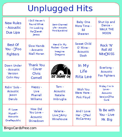 Acoustic And Unplugged Bingo Card