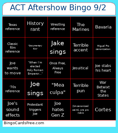 ACT Aftershow 9/2 Bingo Card