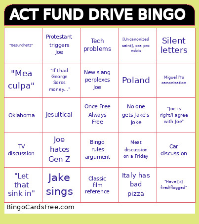 ACT FUND DRIVE Bingo Card