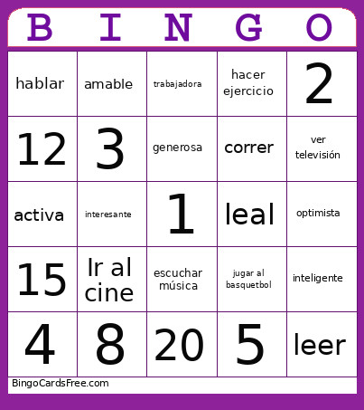 Actividades, Personalidades Y Números Bingo Card