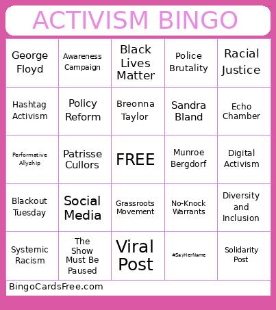 ACTIVISM Bingo Card