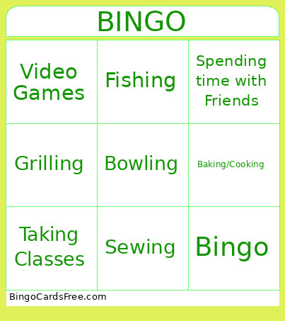 Activities Bingo Card