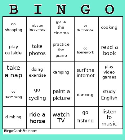 Activities Bingo Card