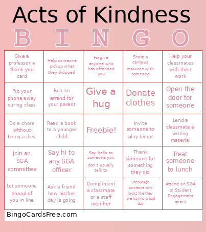 Acts Of Kindness Bingo Card