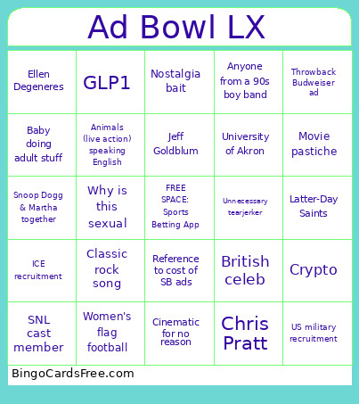 Ad Bowl LX Bingo Card
